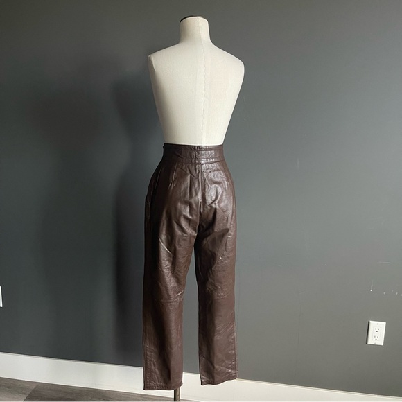 Vintage Brown Genuine Leather High Waist Pleated Pant Straight Leg French Scandi - Picture 6 of 7